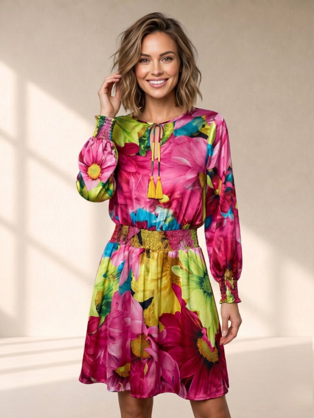 Vibrant Floral Satin Dress Smocked Waist Boho Tassel Tie Medium